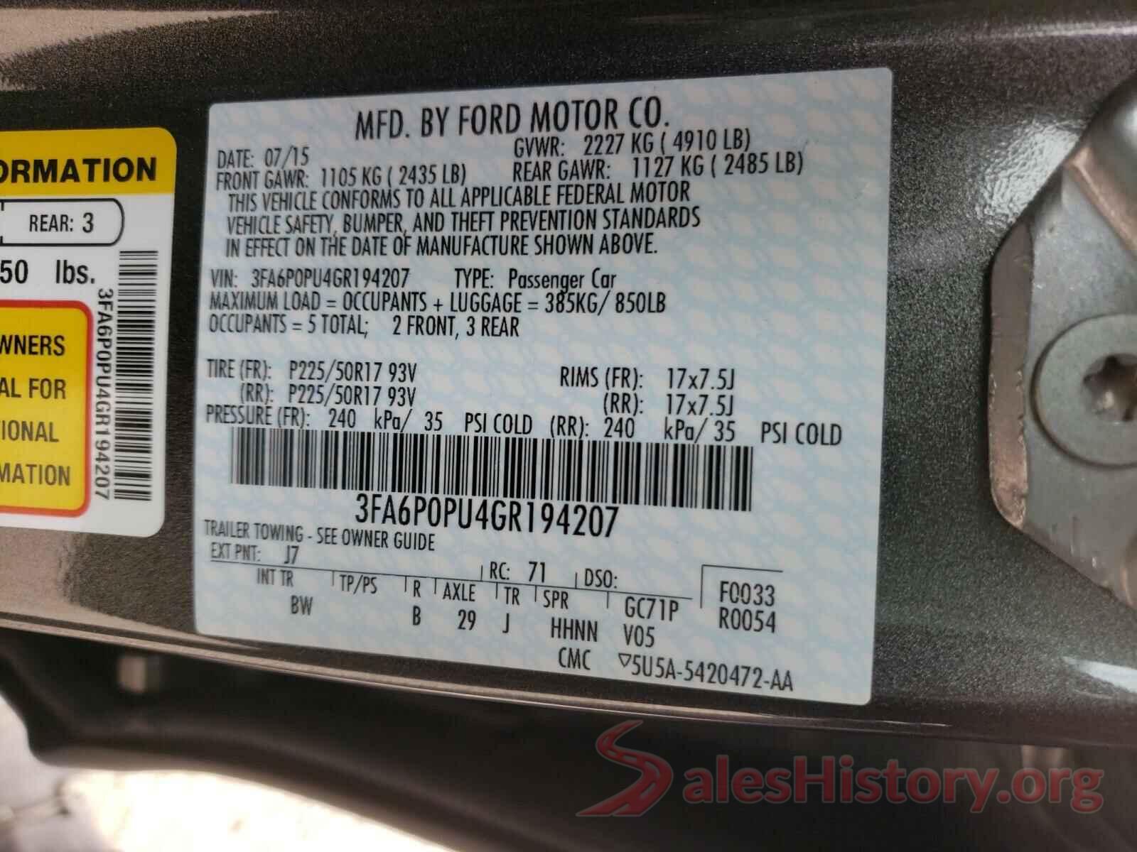 3FA6P0PU4GR194207 2016 FORD FUSION