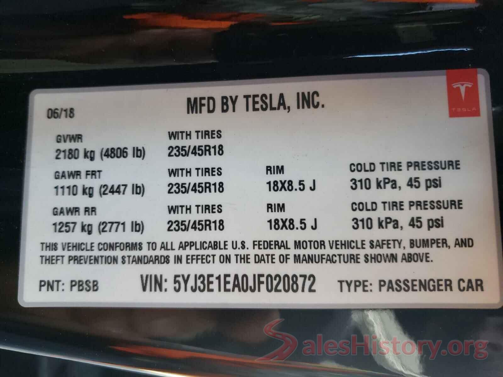 5YJ3E1EA0JF020872 2018 TESLA MODEL 3