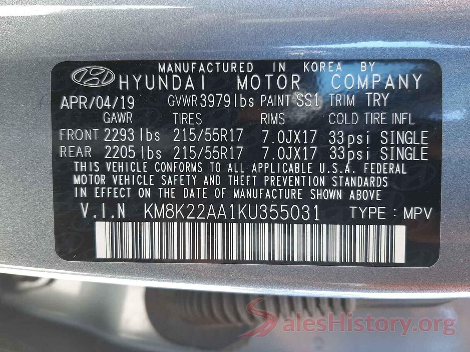 KM8K22AA1KU355031 2019 HYUNDAI KONA