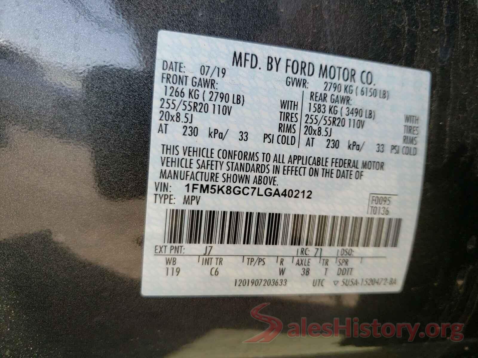 1FM5K8GC7LGA40212 2020 FORD EXPLORER