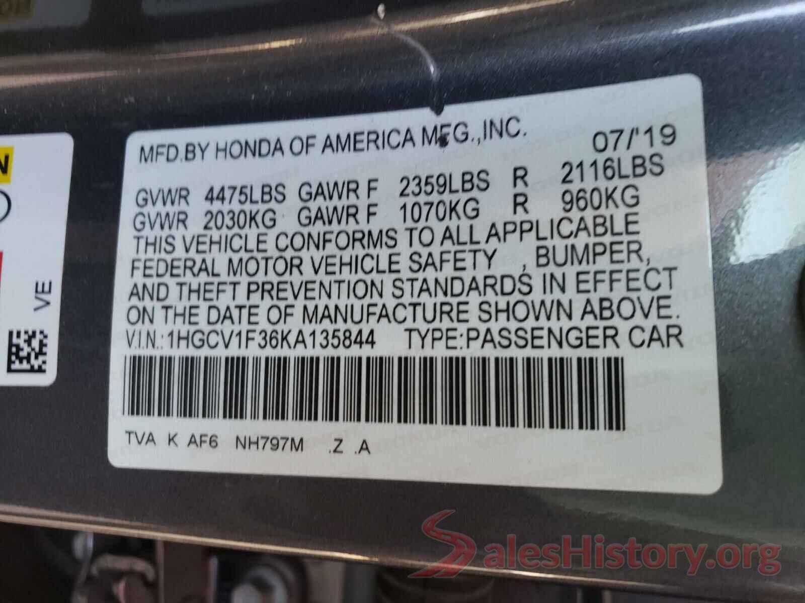 1HGCV1F36KA135844 2019 HONDA ACCORD