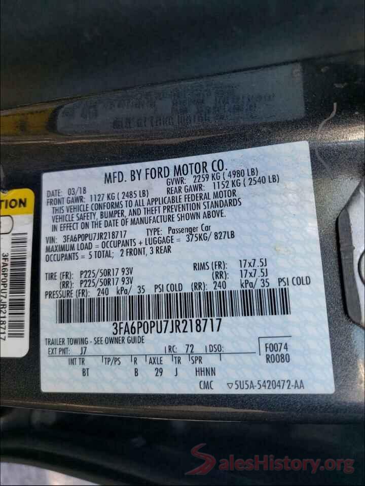 3FA6P0PU7JR218717 2018 FORD FUSION