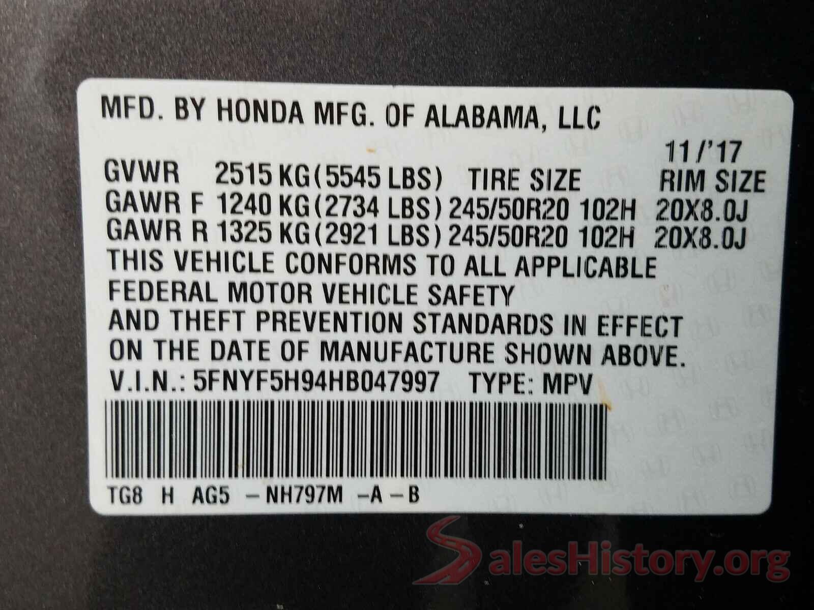 5FNYF5H94HB047997 2017 HONDA PILOT