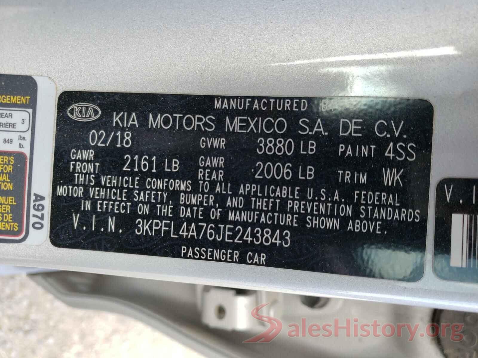 3KPFL4A76JE243843 2018 KIA FORTE