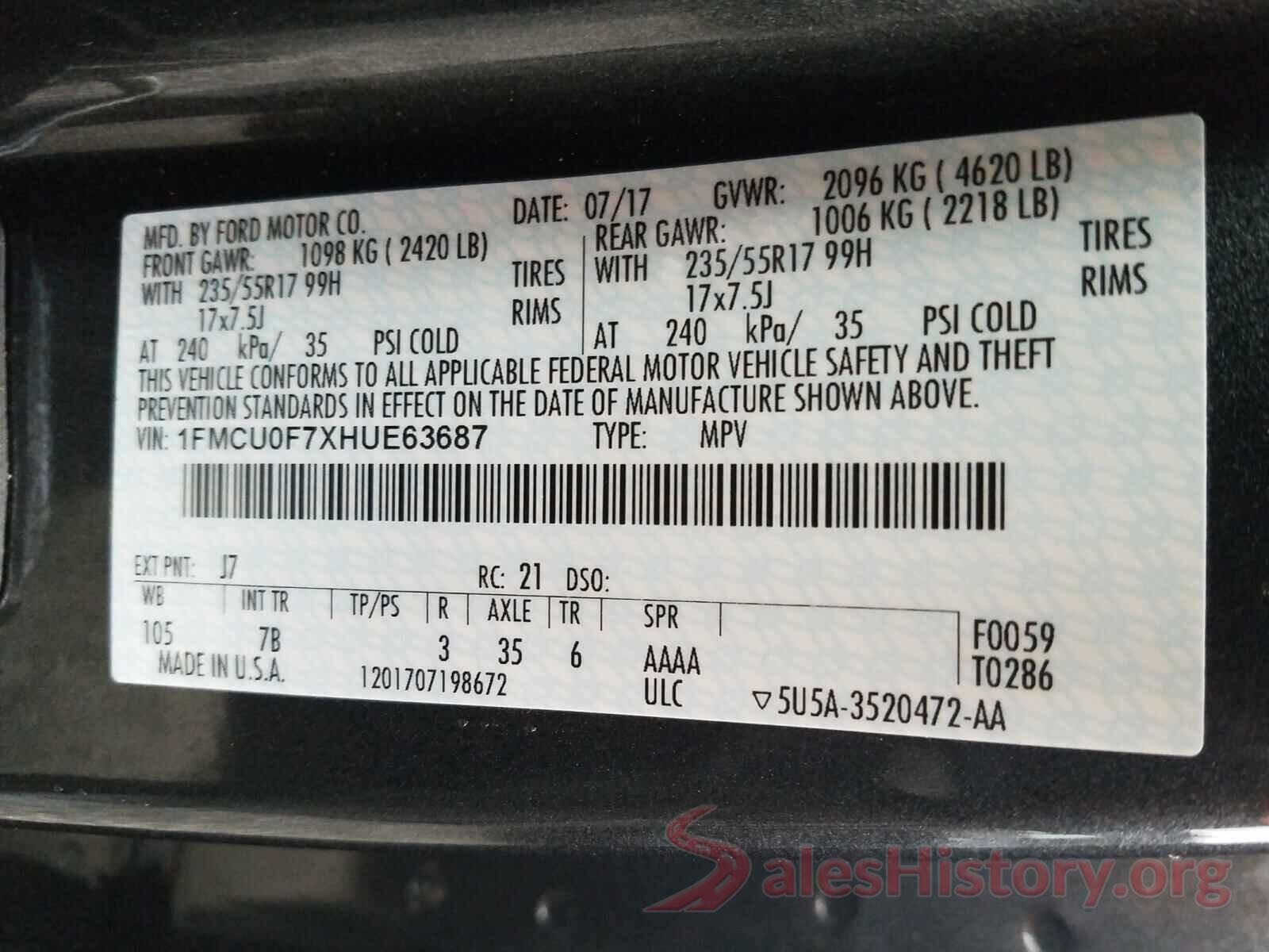 1FMCU0F7XHUE63687 2017 FORD ESCAPE