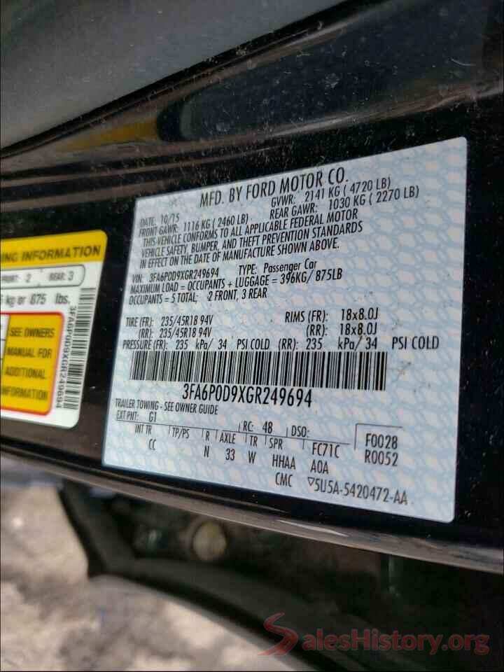 3FA6P0D9XGR249694 2016 FORD FUSION