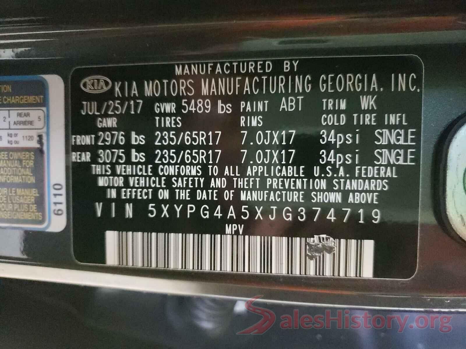 5XYPG4A5XJG374719 2018 KIA SORENTO