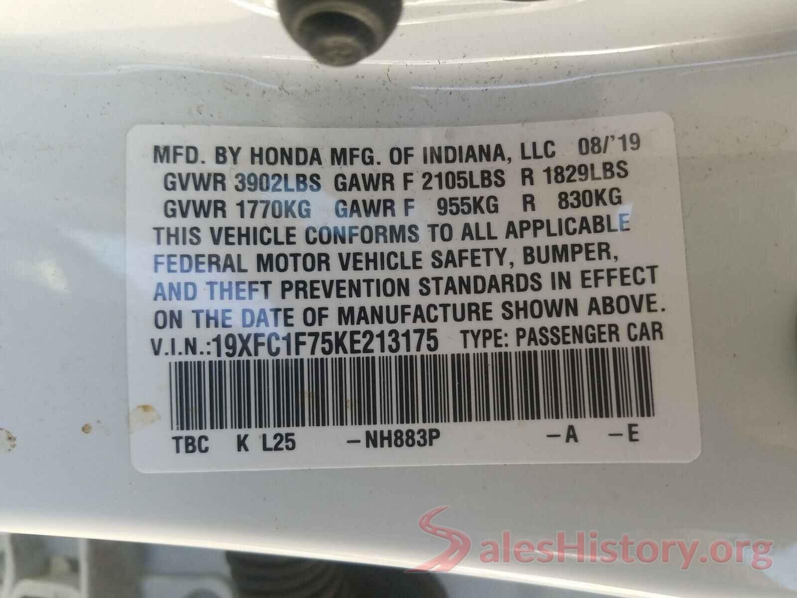 19XFC1F75KE213175 2019 HONDA CIVIC