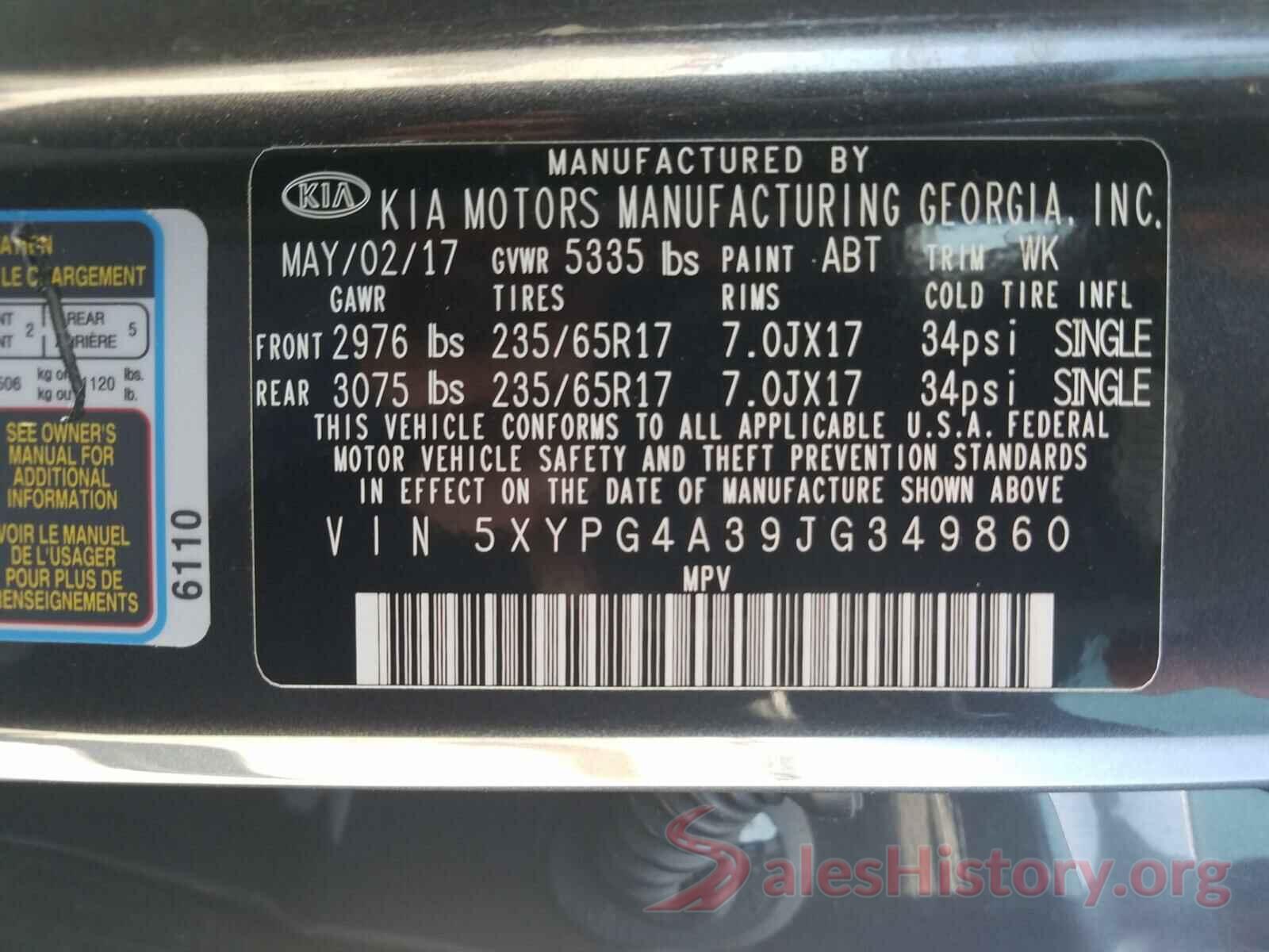 5XYPG4A39JG349860 2018 KIA SORENTO