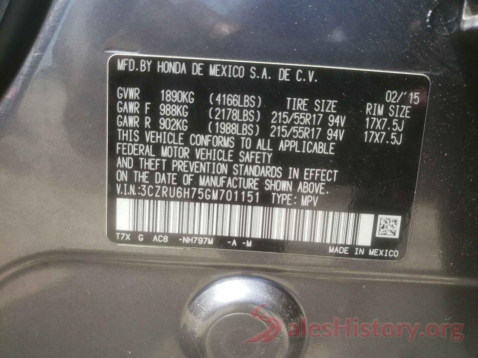 3CZRU6H75GM701151 2016 HONDA HR-V