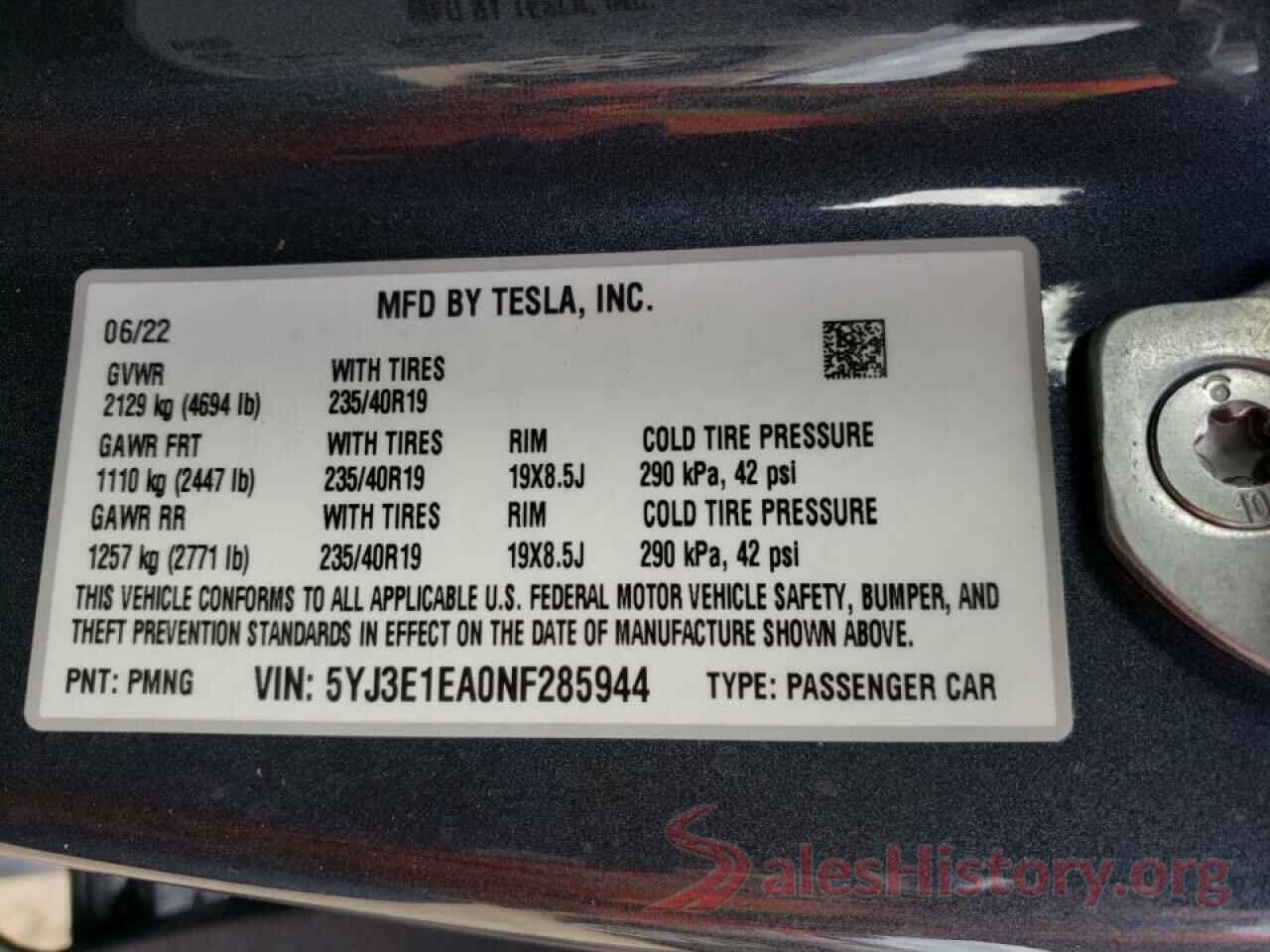 5YJ3E1EA0NF285944 2022 TESLA MODEL 3