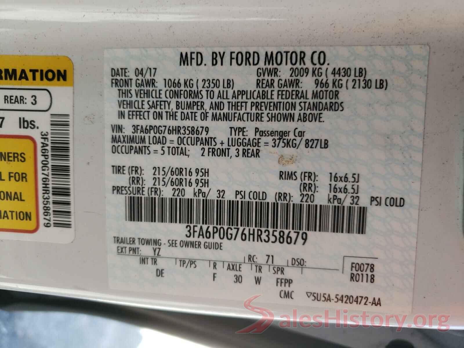 3FA6P0G76HR358679 2017 FORD FUSION