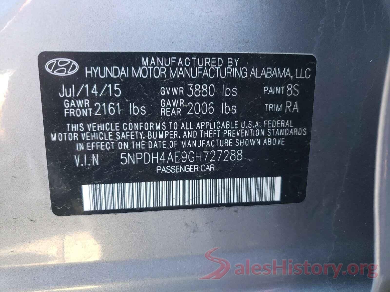 5NPDH4AE9GH727288 2016 HYUNDAI ELANTRA