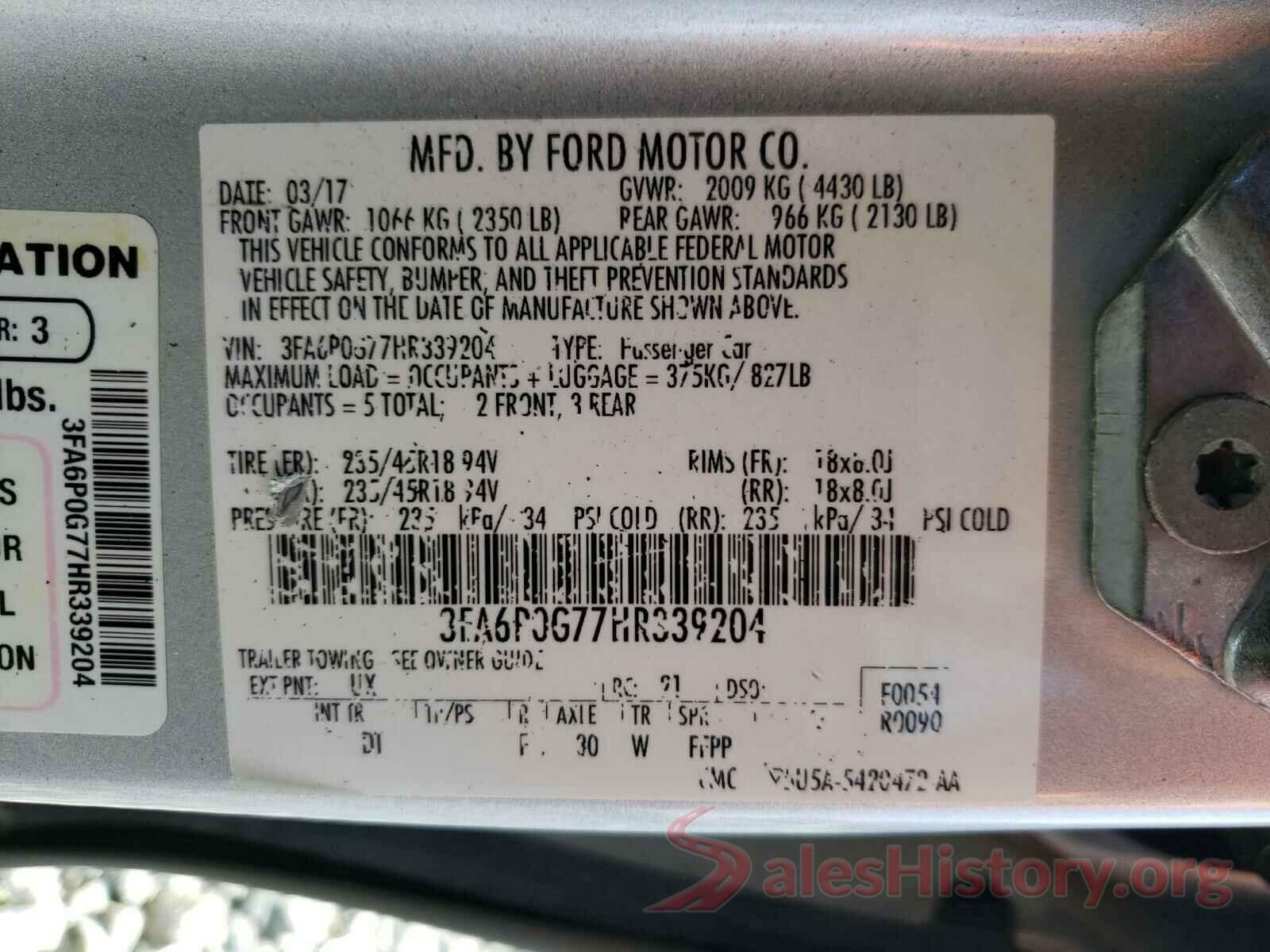 3FA6P0G77HR339204 2017 FORD FUSION