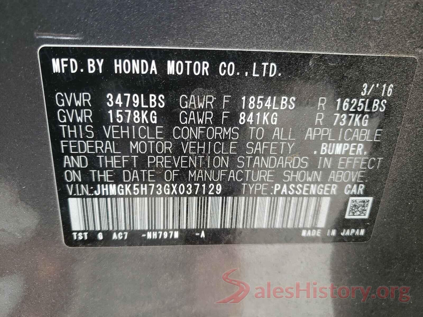 JHMGK5H73GX037129 2016 HONDA FIT