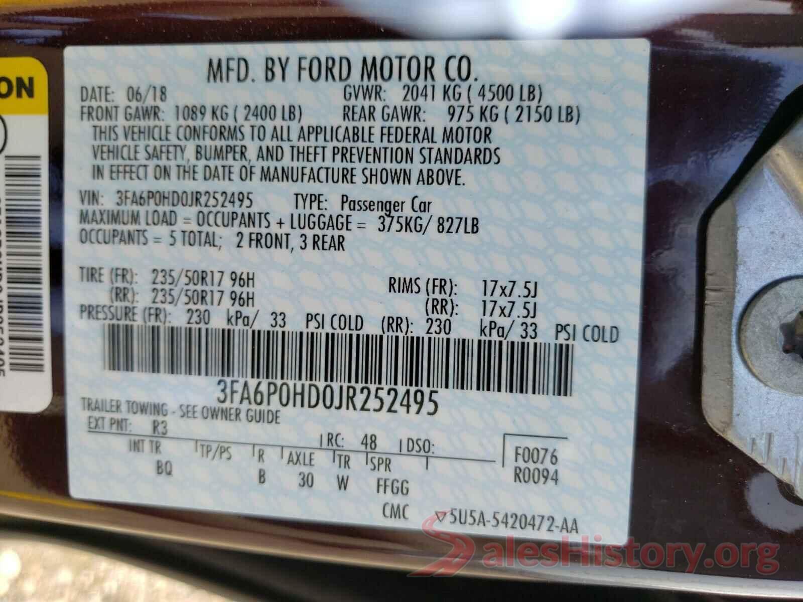 3FA6P0HD0JR252495 2018 FORD FUSION