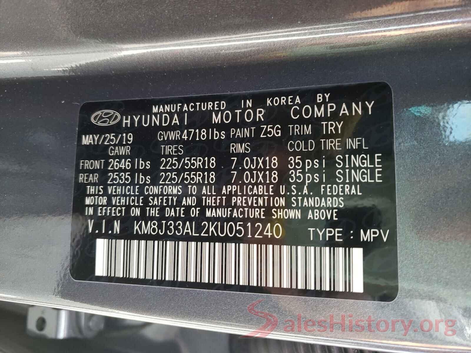 KM8J33AL2KU051240 2019 HYUNDAI TUCSON