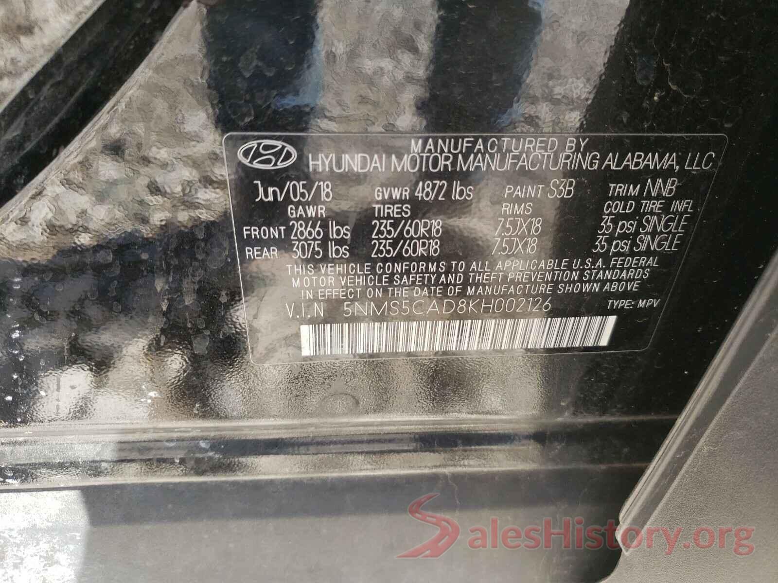 5NMS5CAD8KH002126 2019 HYUNDAI SANTA FE