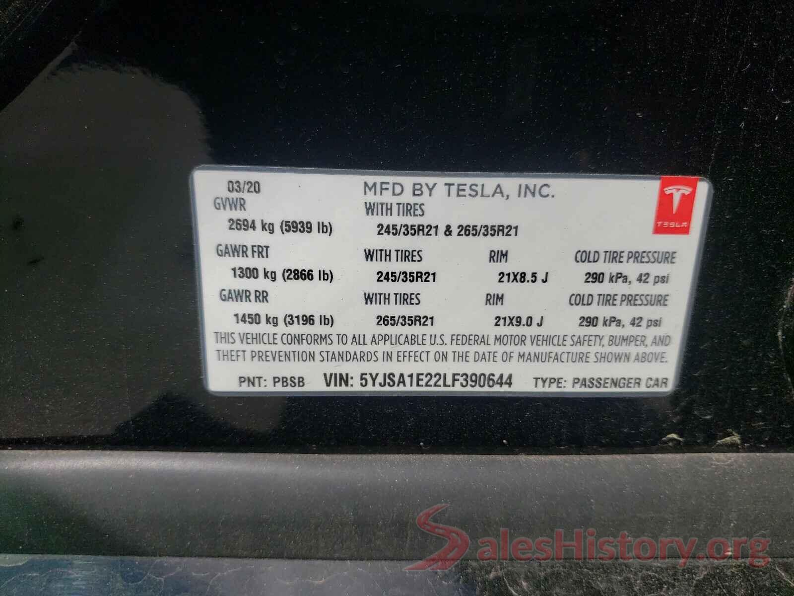 5YJSA1E22LF390644 2020 TESLA MODEL S