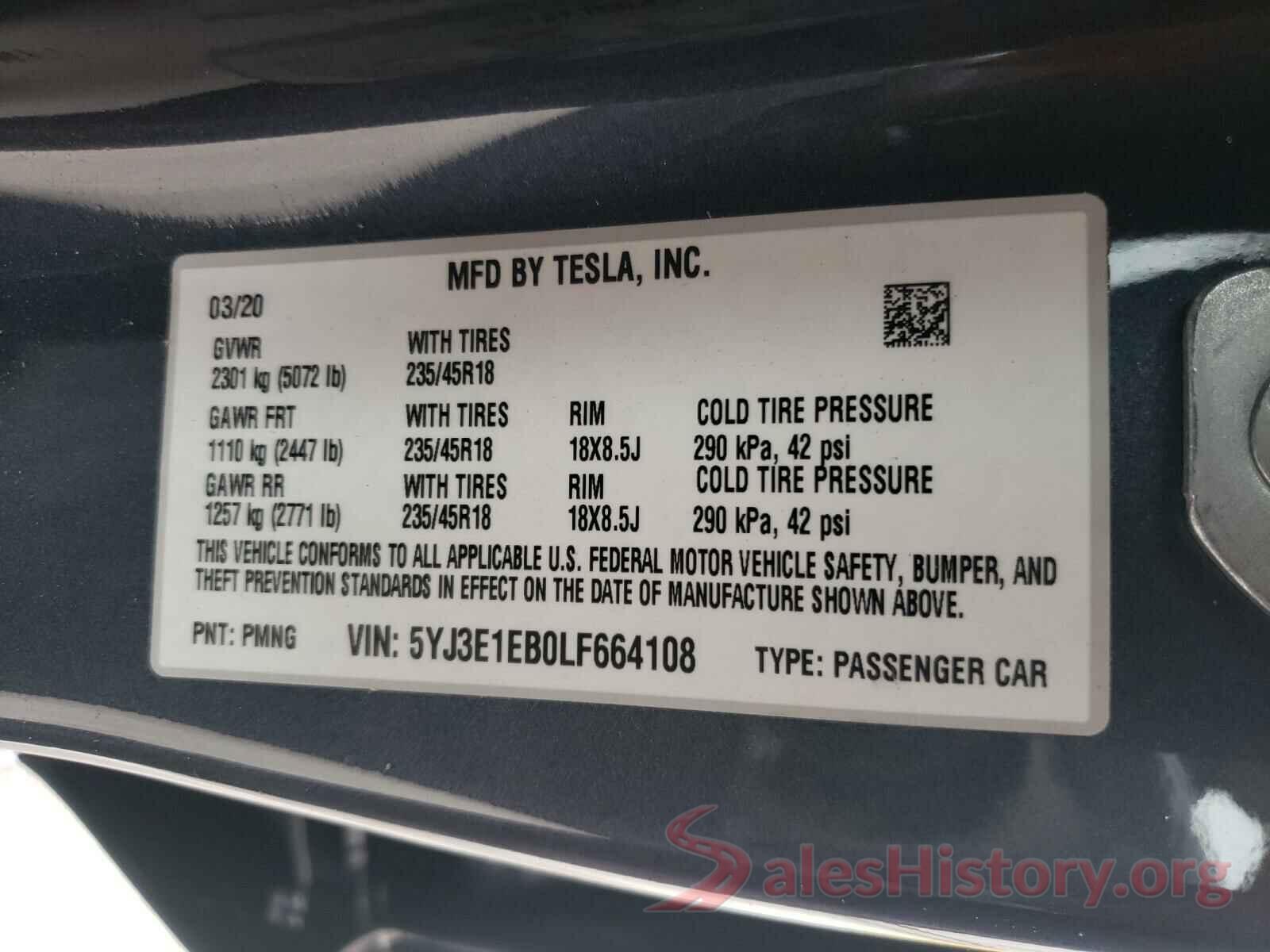 5YJ3E1EB0LF664108 2020 TESLA MODEL 3