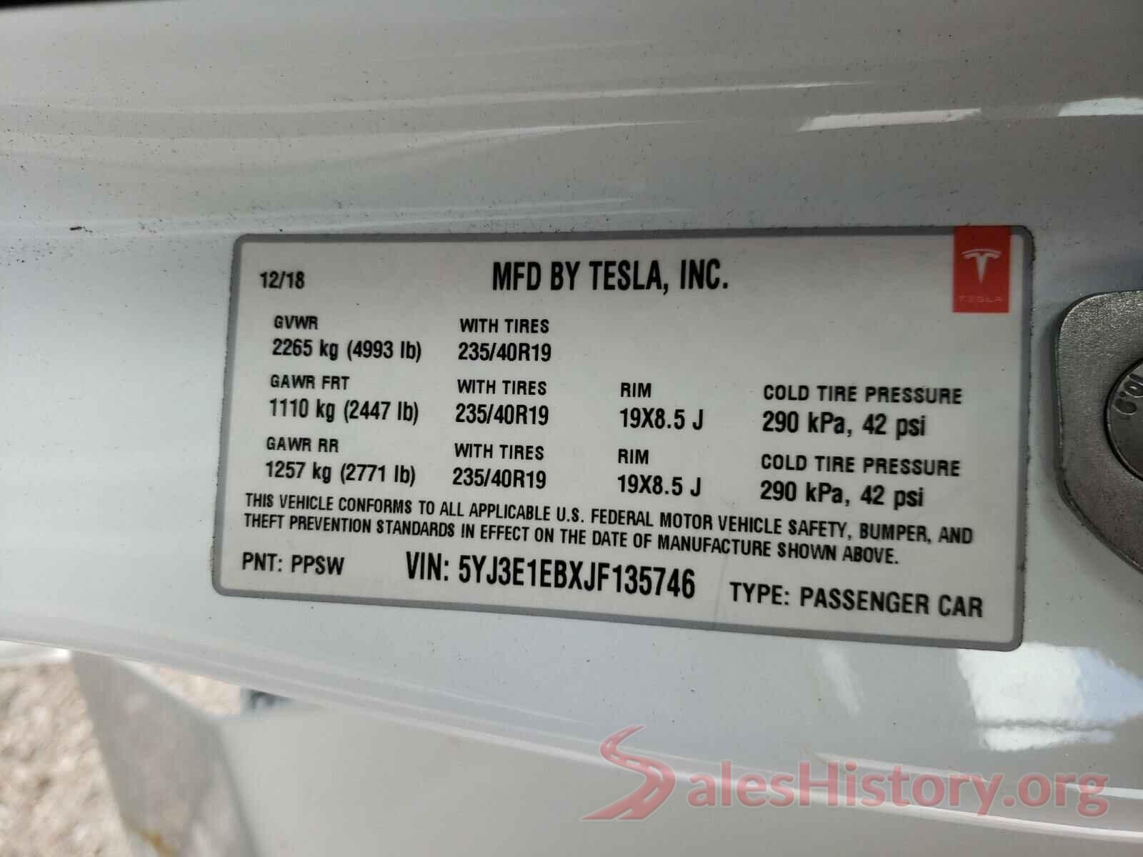 5YJ3E1EBXJF135746 2018 TESLA MODEL 3