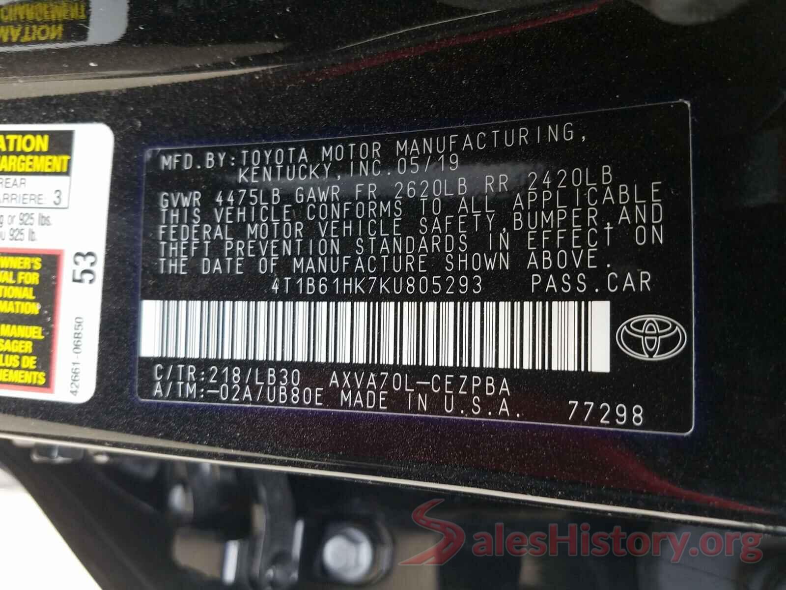 4T1B61HK7KU805293 2019 TOYOTA CAMRY