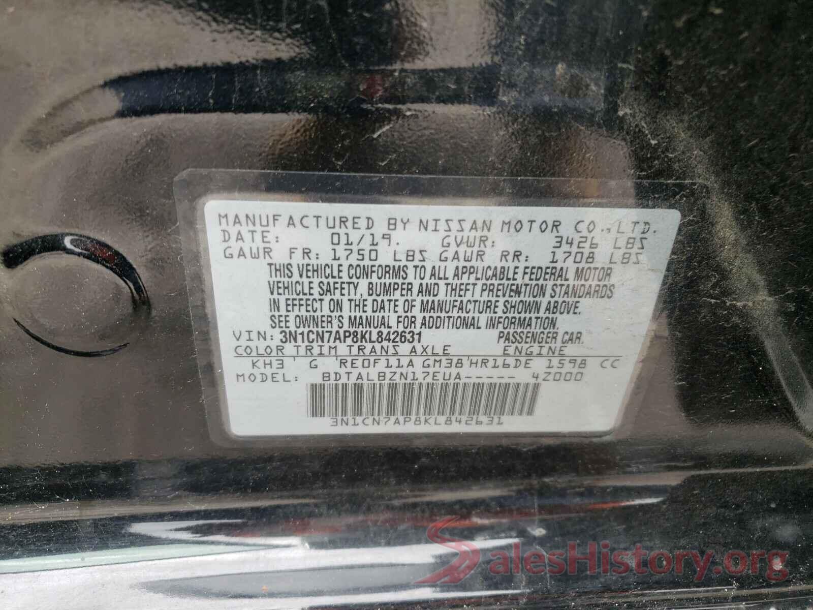 3N1CN7AP8KL842631 2019 NISSAN VERSA