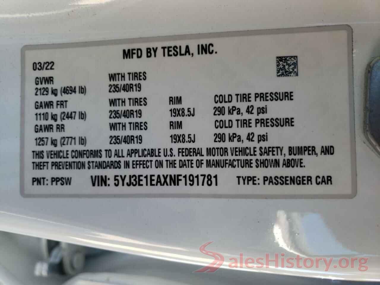 5YJ3E1EAXNF191781 2022 TESLA MODEL 3