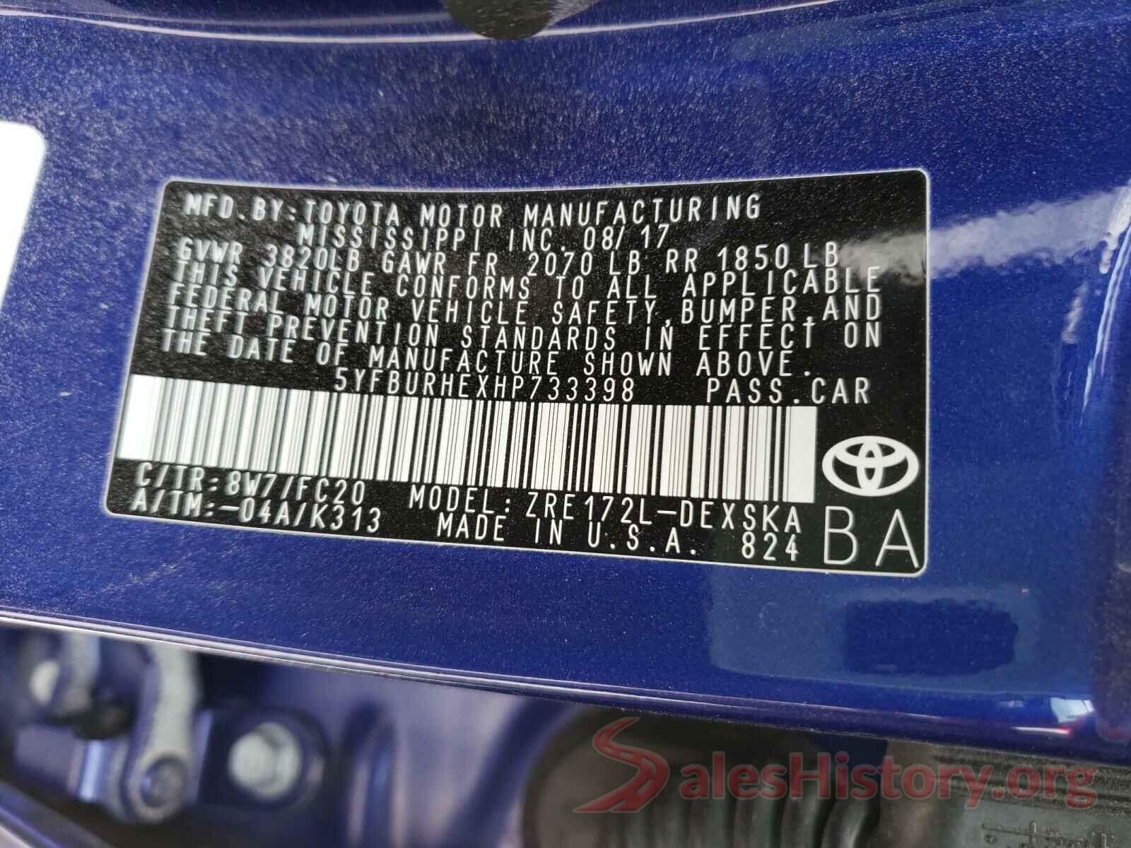 5YFBURHEXHP733398 2017 TOYOTA COROLLA