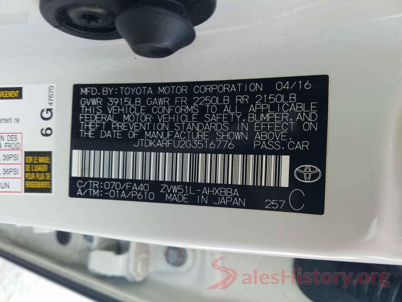 JTDKARFU2G3516776 2016 TOYOTA PRIUS