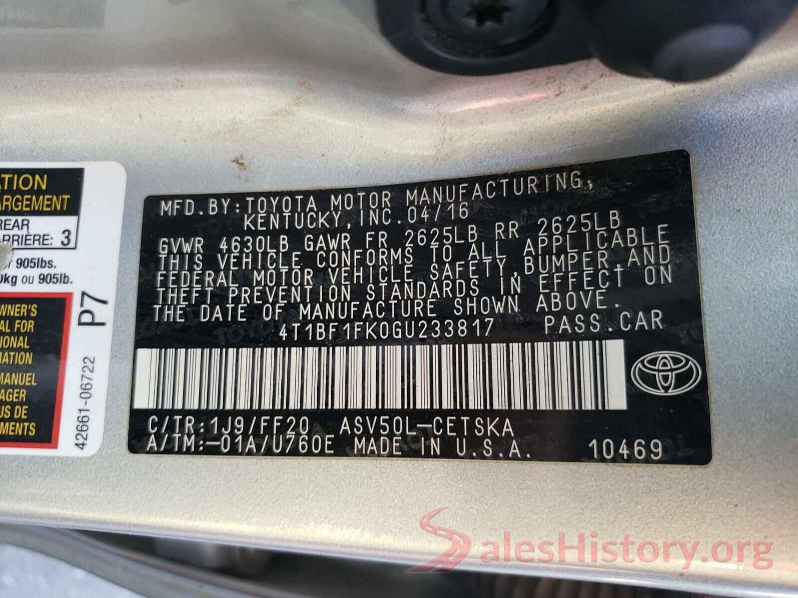 4T1BF1FK0GU233817 2016 TOYOTA CAMRY