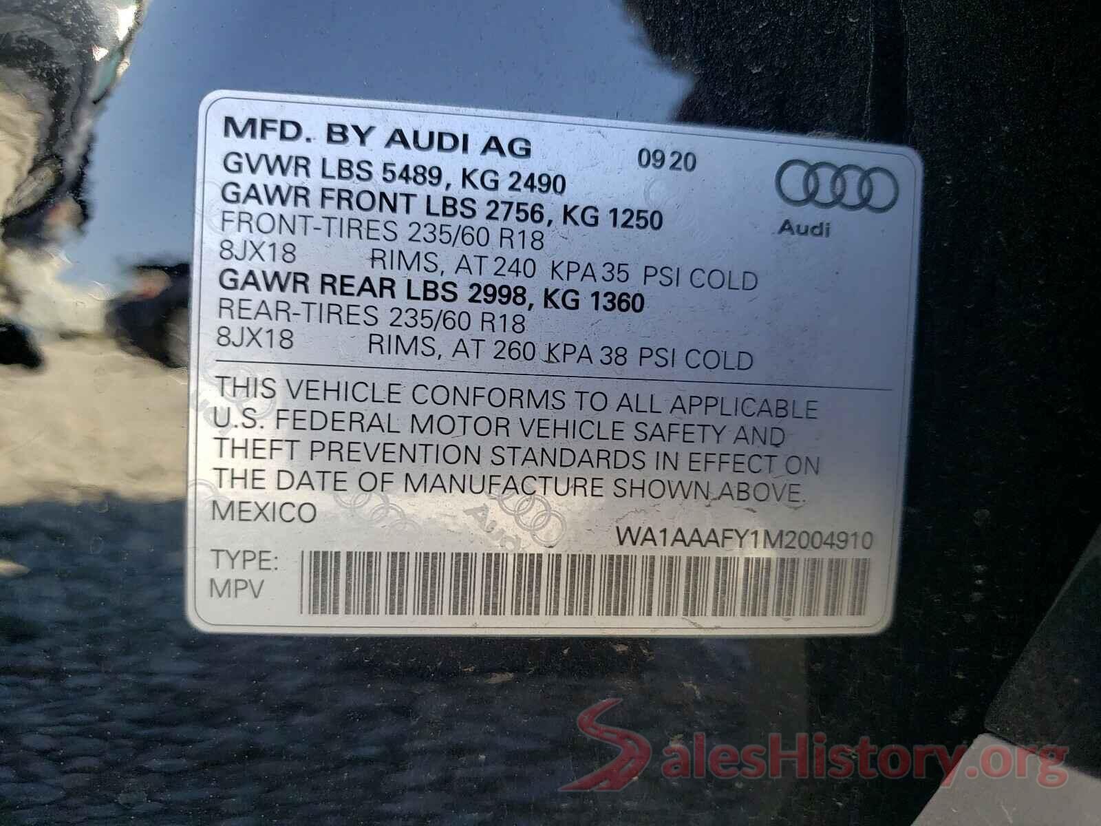 WA1AAAFY1M2004910 2021 AUDI Q5