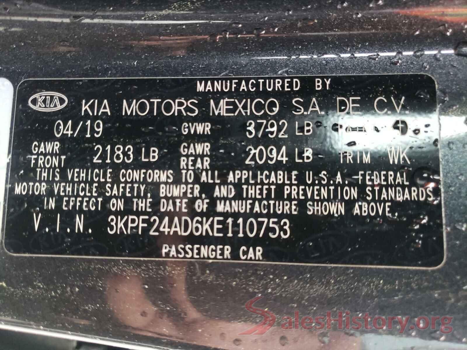 3KPF24AD6KE110753 2019 KIA FORTE