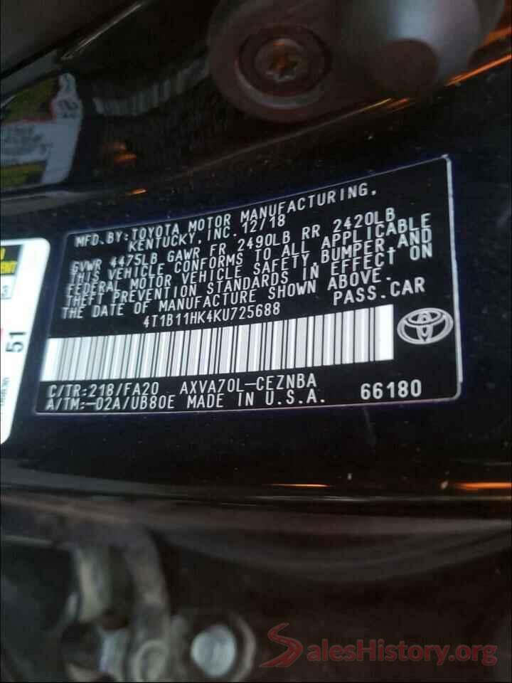 4T1B11HK4KU725688 2019 TOYOTA CAMRY