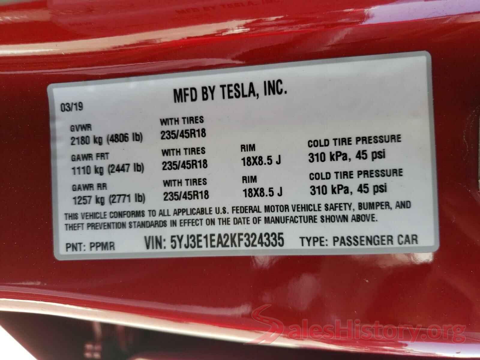 5YJ3E1EA2KF324335 2019 TESLA MODEL 3