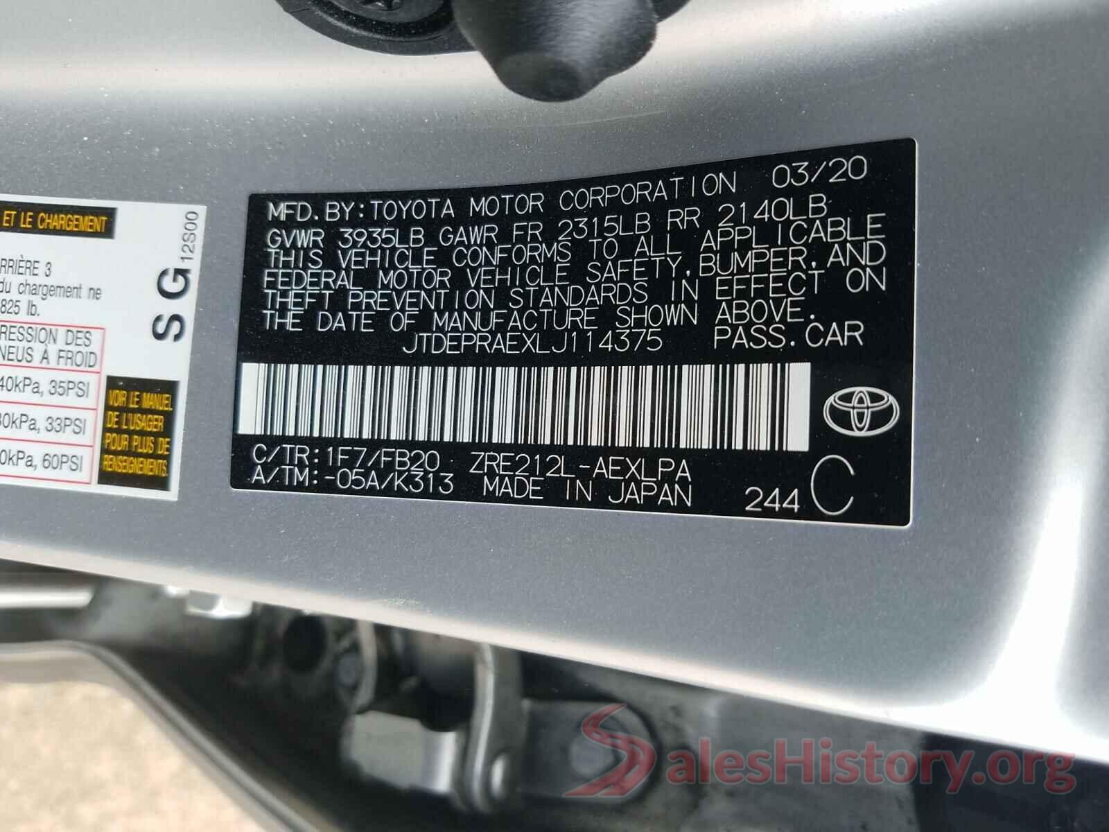 JTDEPRAEXLJ114375 2020 TOYOTA COROLLA