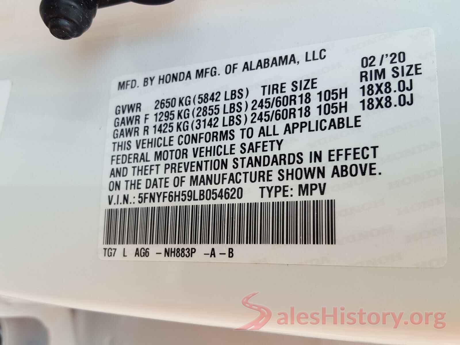 5FNYF6H59LB054620 2020 HONDA PILOT