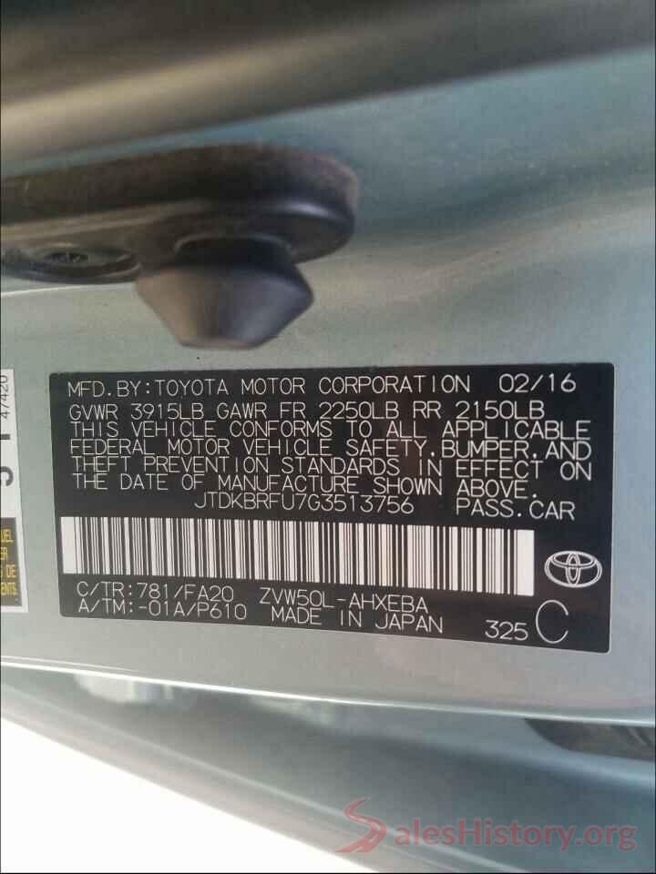 JTDKBRFU7G3513756 2016 TOYOTA PRIUS