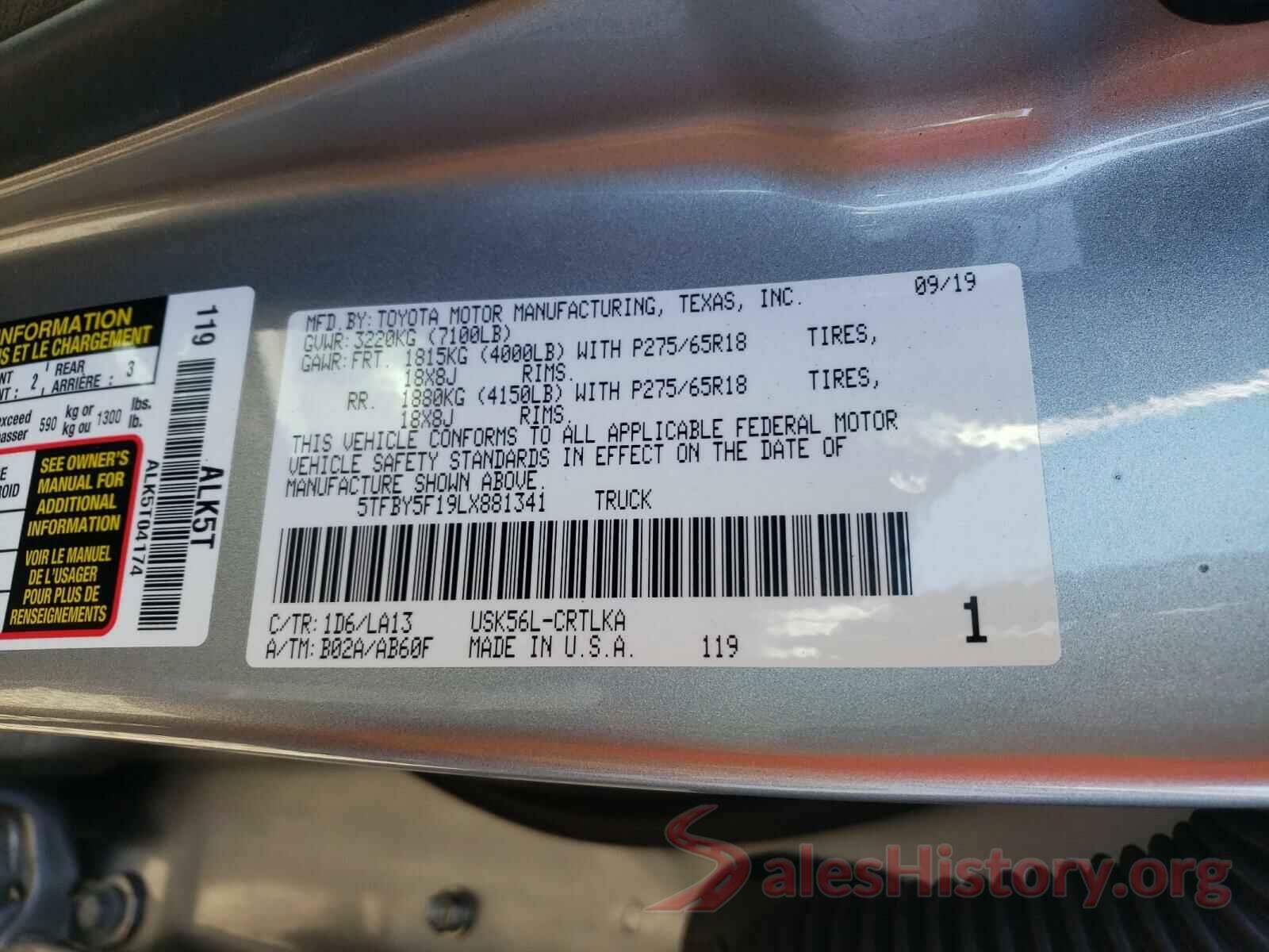 5TFBY5F19LX881341 2020 TOYOTA TUNDRA