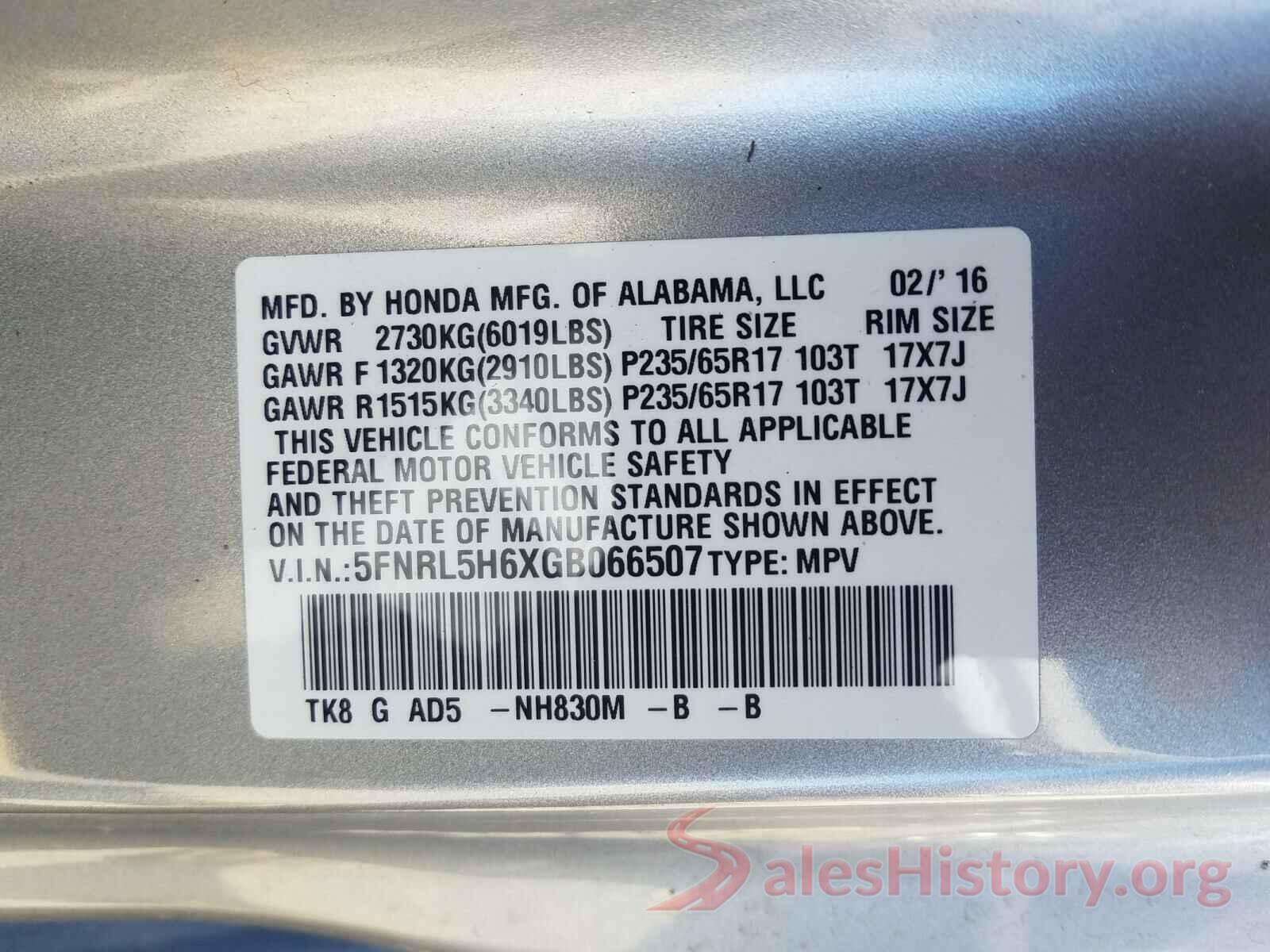 5FNRL5H6XGB066507 2016 HONDA ODYSSEY