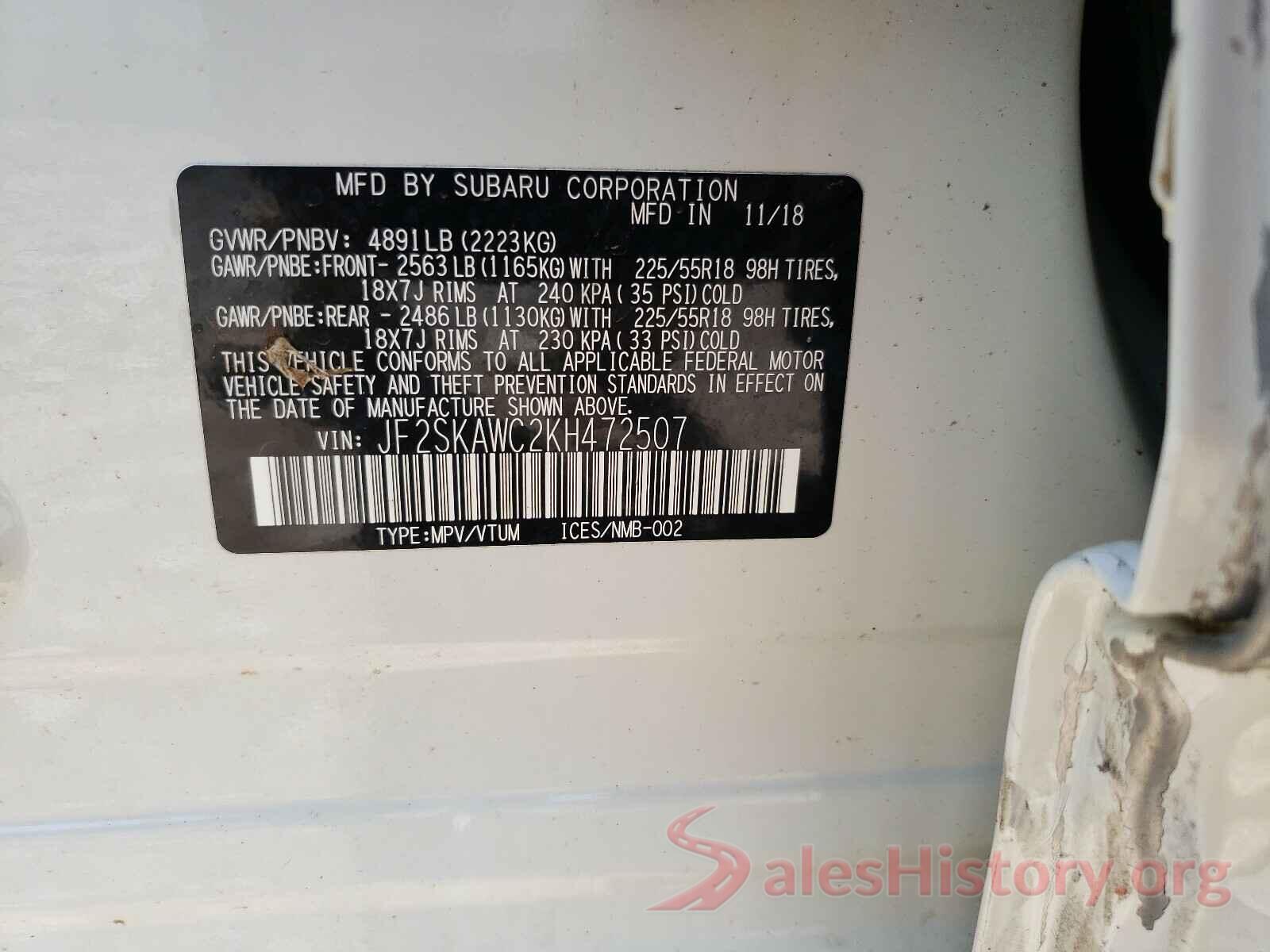 JF2SKAWC2KH472507 2019 SUBARU FORESTER