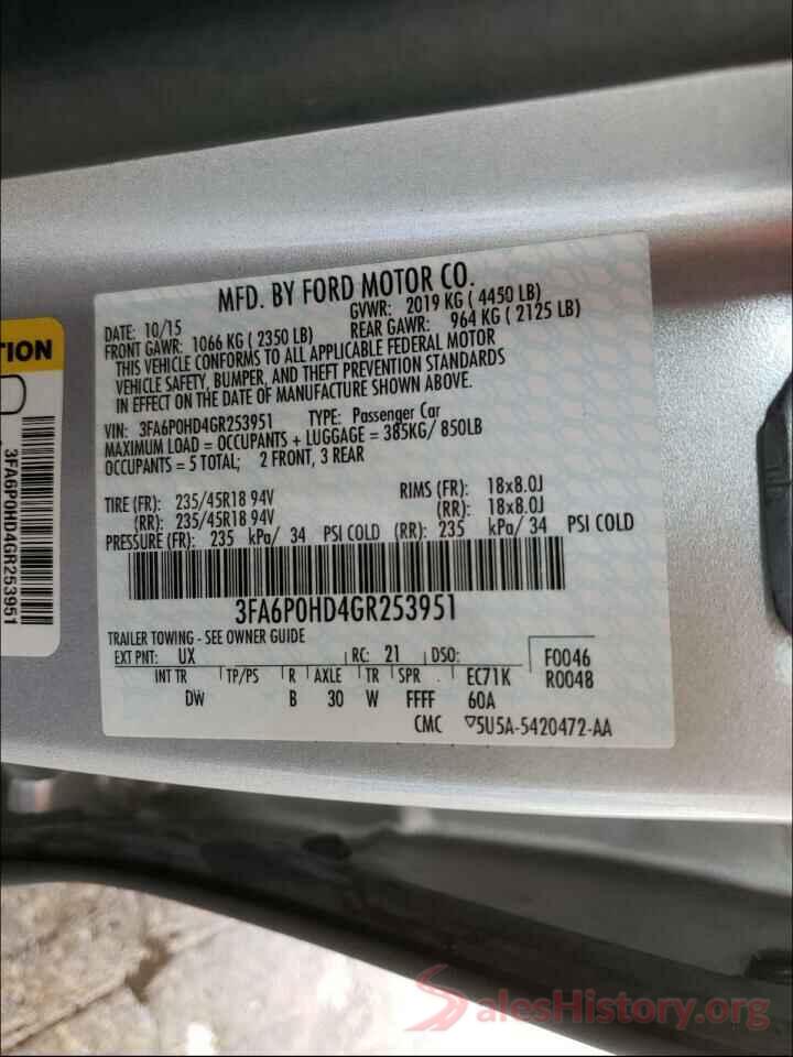 3FA6P0HD4GR253951 2016 FORD FUSION