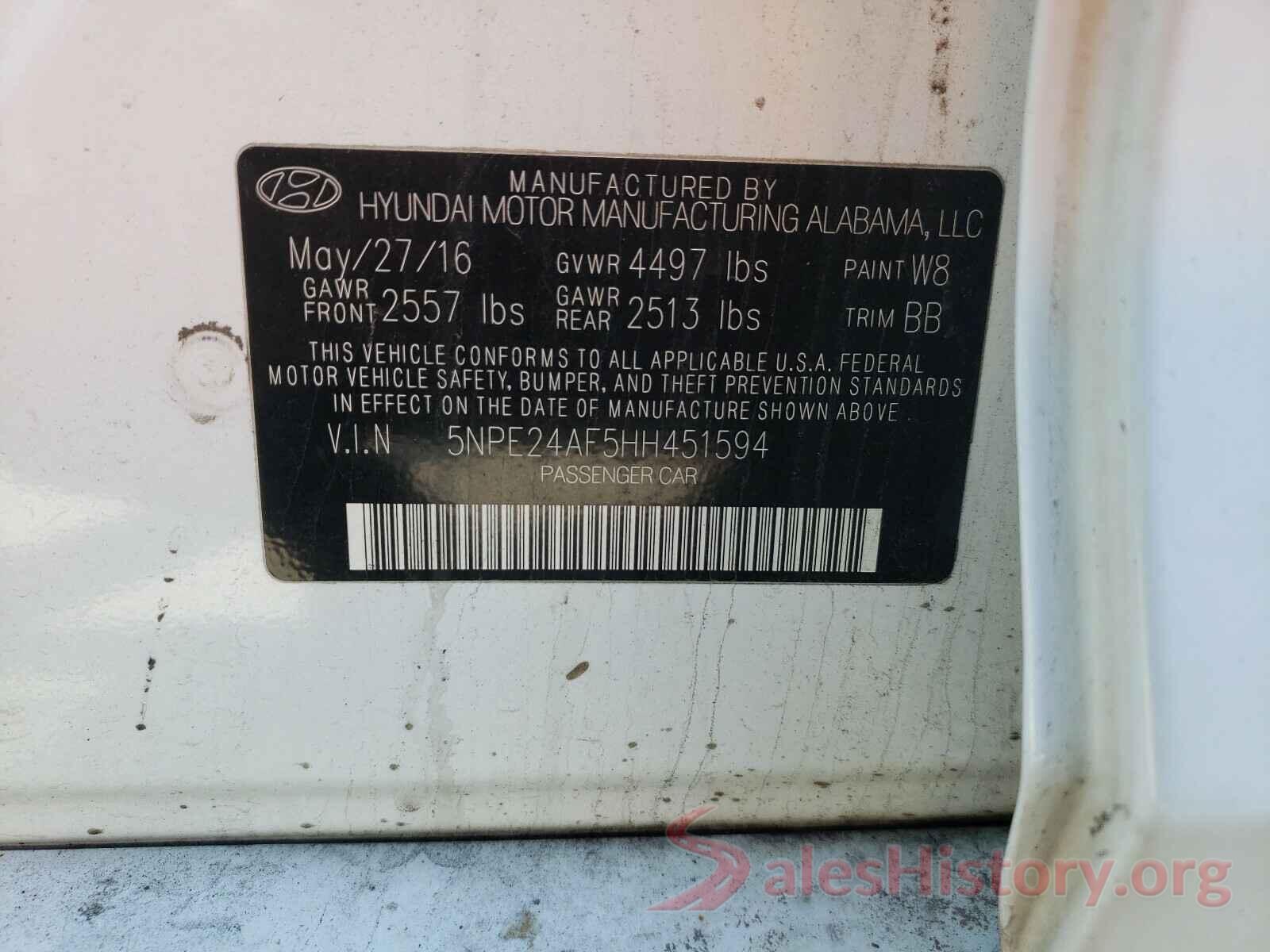 5NPE24AF5HH451594 2017 HYUNDAI SONATA