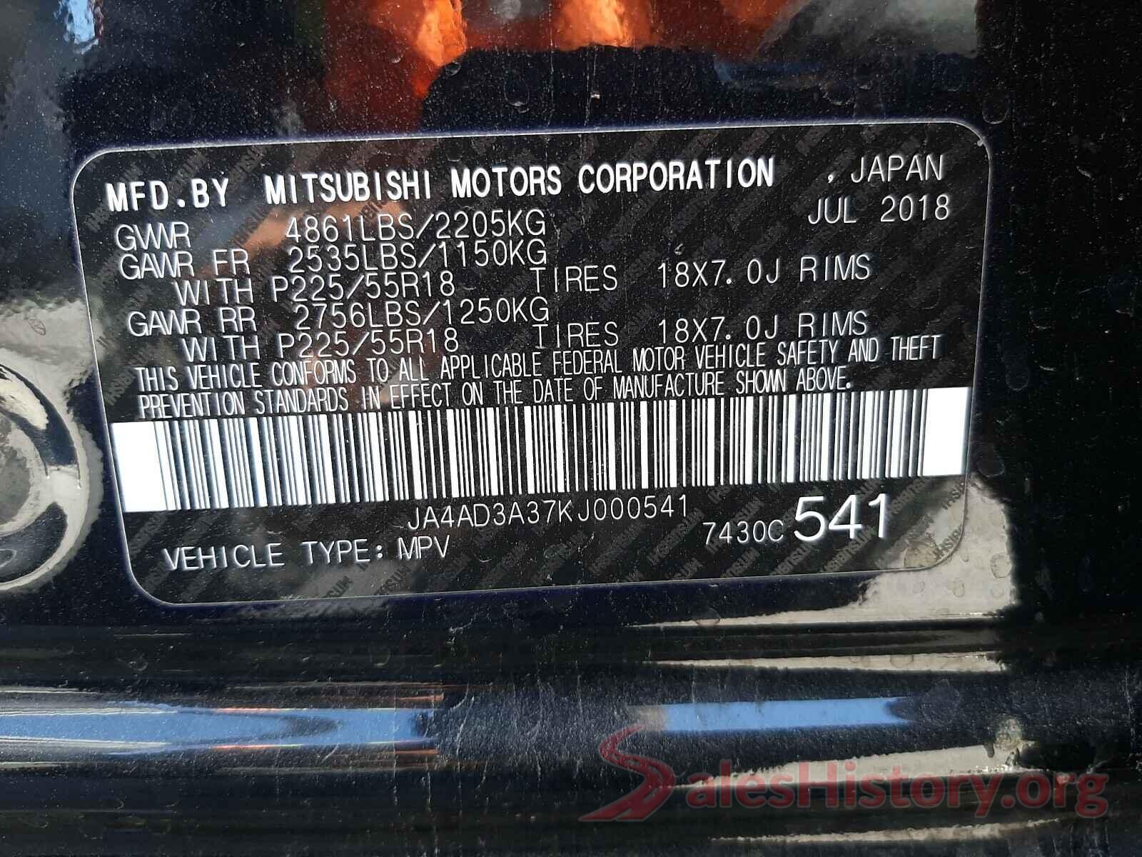 JA4AD3A37KJ000541 2019 MITSUBISHI OUTLANDER