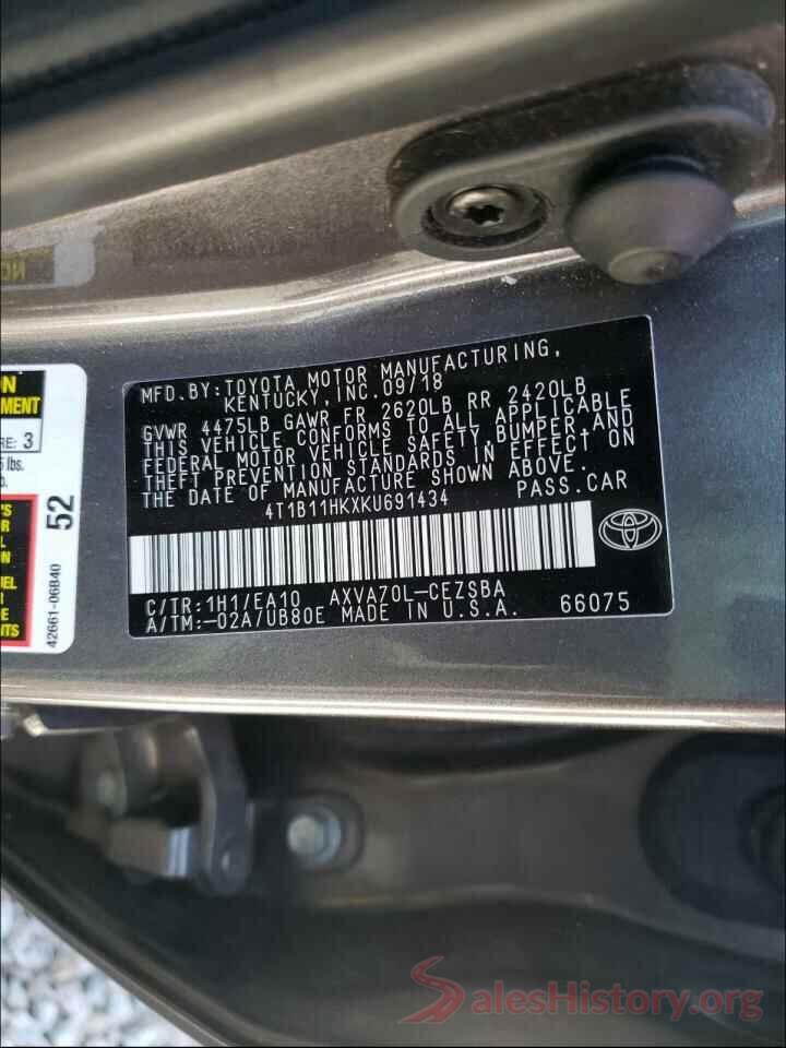 4T1B11HKXKU691434 2019 TOYOTA CAMRY