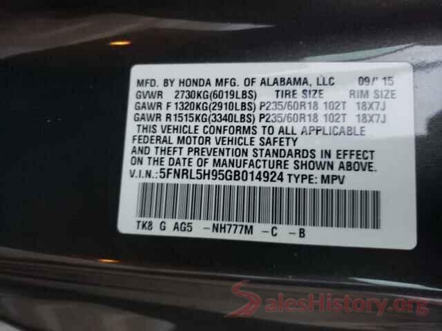 5FNRL5H95GB014924 2016 HONDA ODYSSEY