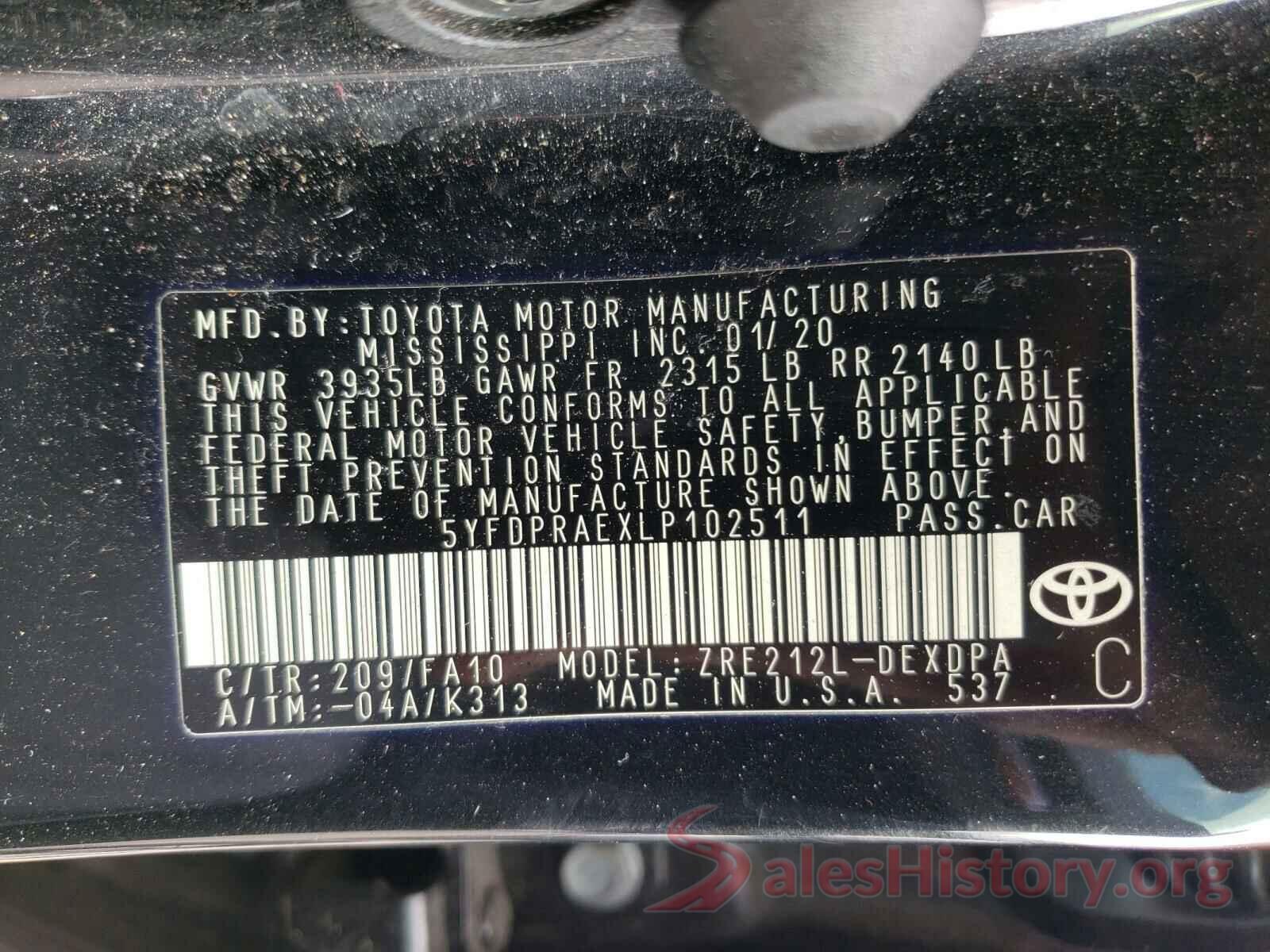 5YFDPRAEXLP102511 2020 TOYOTA COROLLA