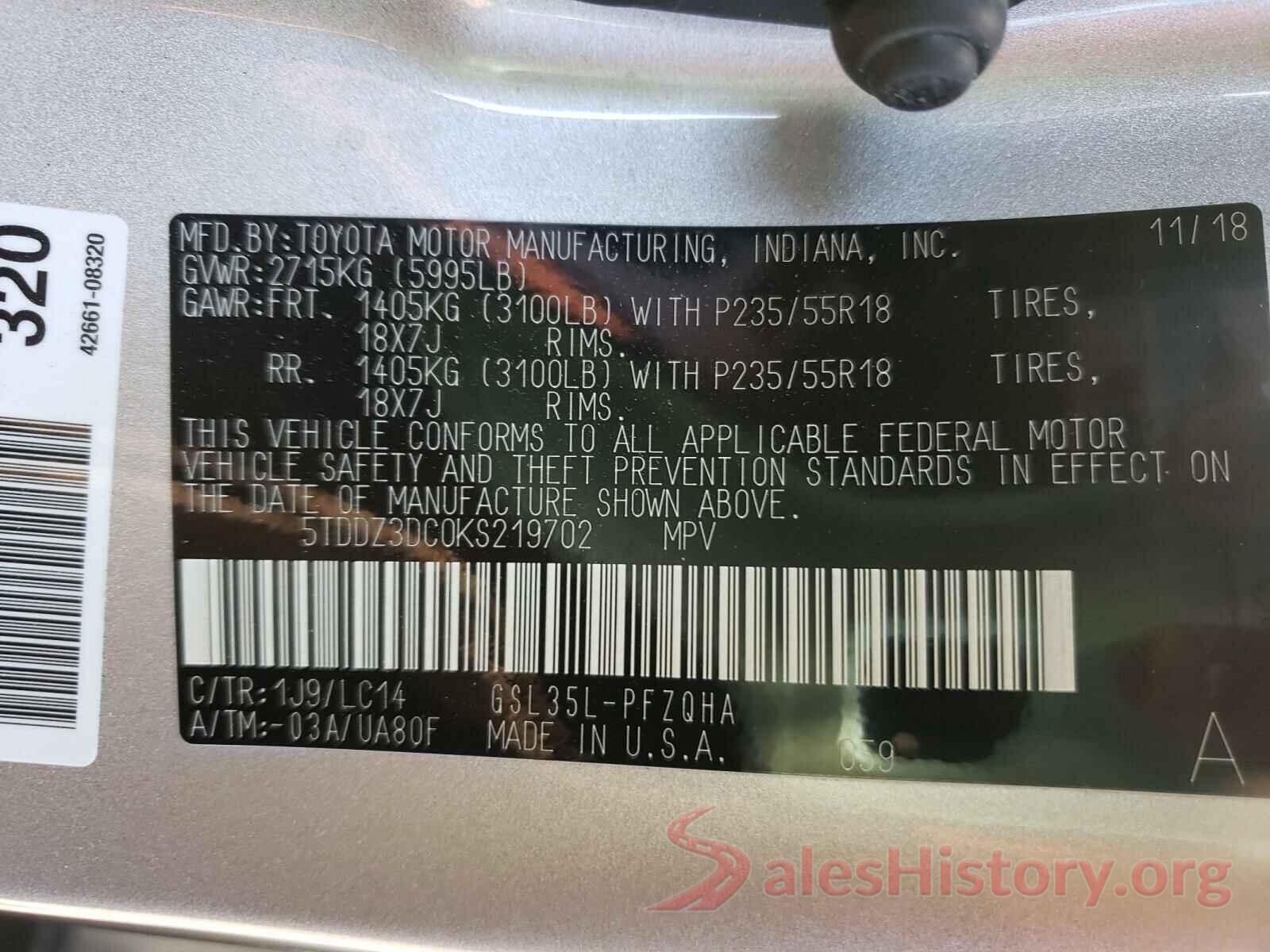 5TDDZ3DC0KS219702 2019 TOYOTA SIENNA