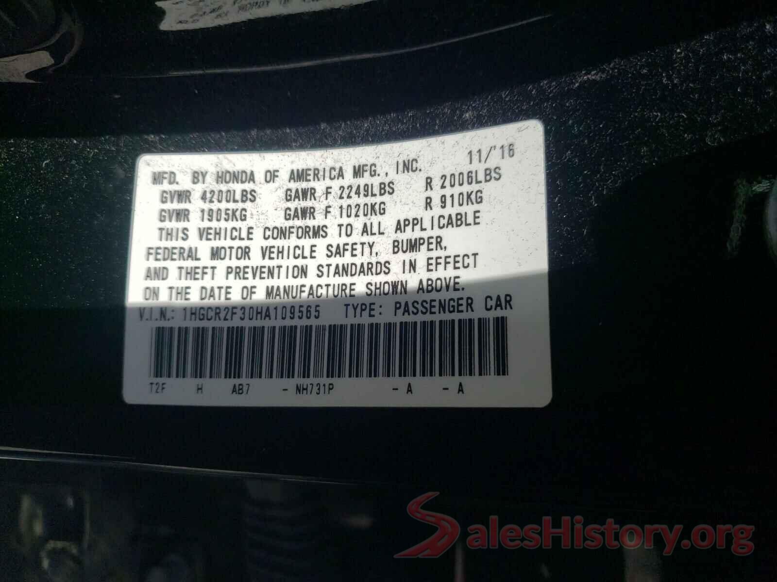 1HGCR2F30HA109565 2017 HONDA ACCORD