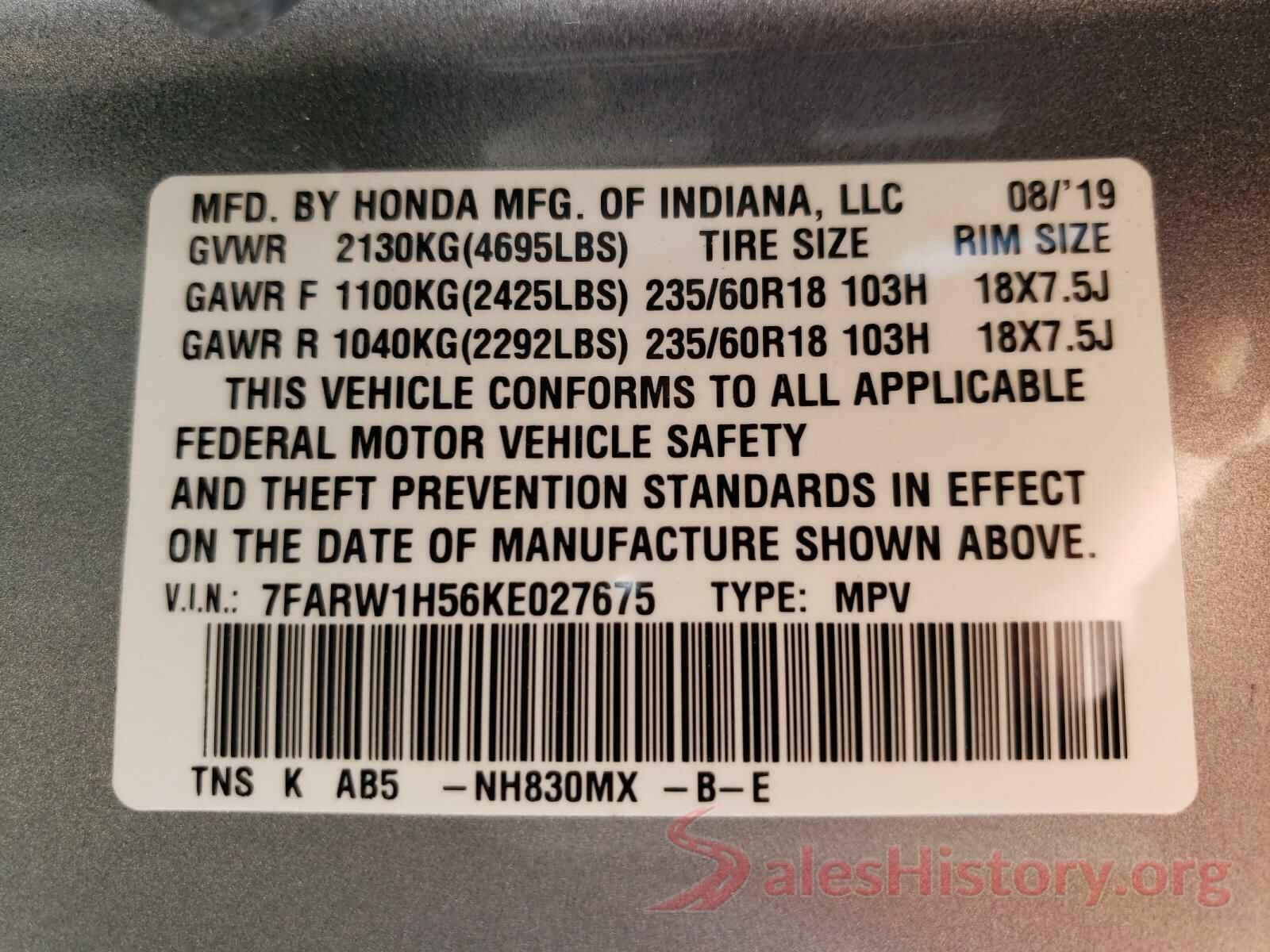 7FARW1H56KE027675 2019 HONDA CRV